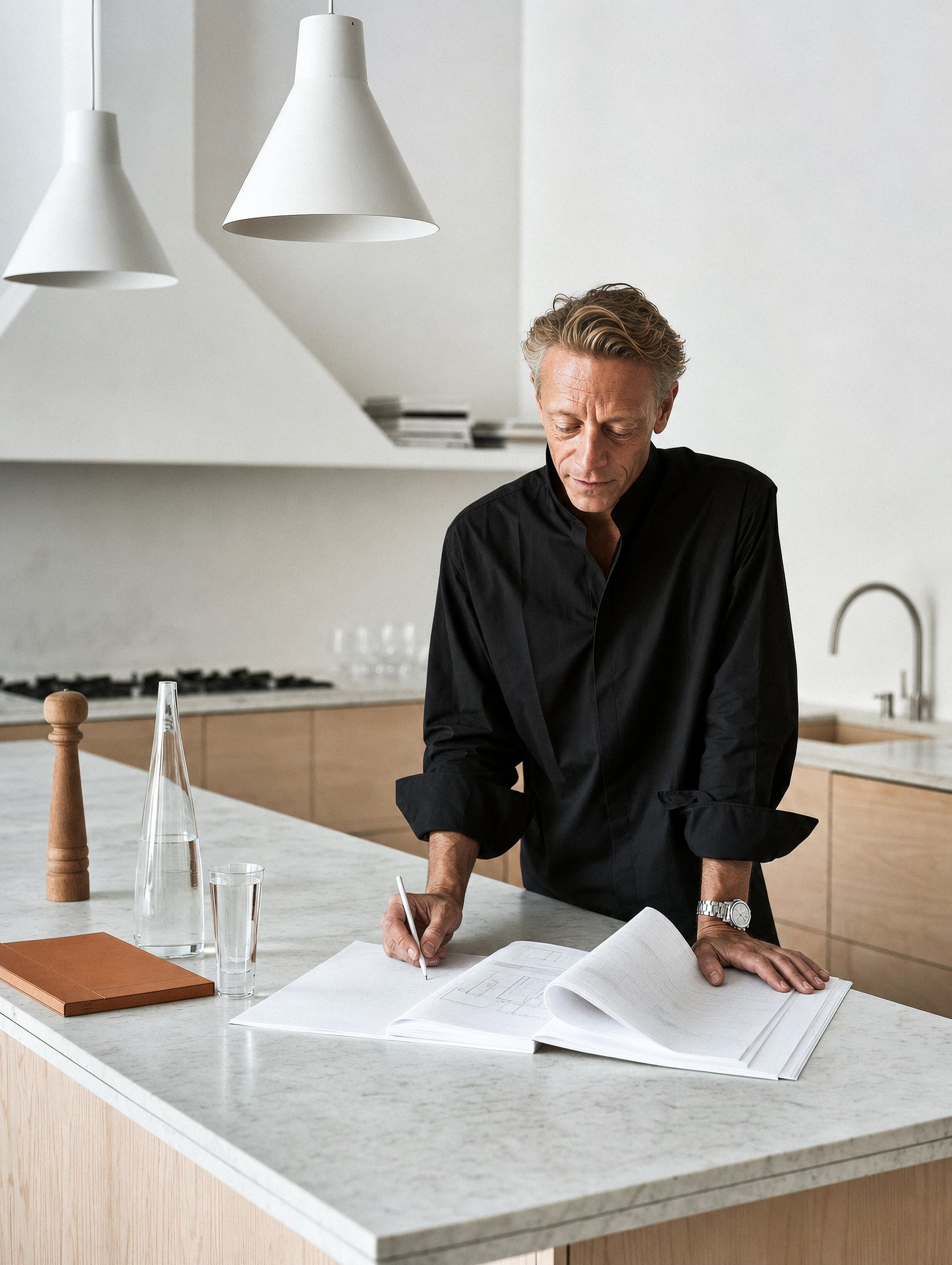 Studio-Inhaber über Küchenplänen an der Theke seiner Ausstellung