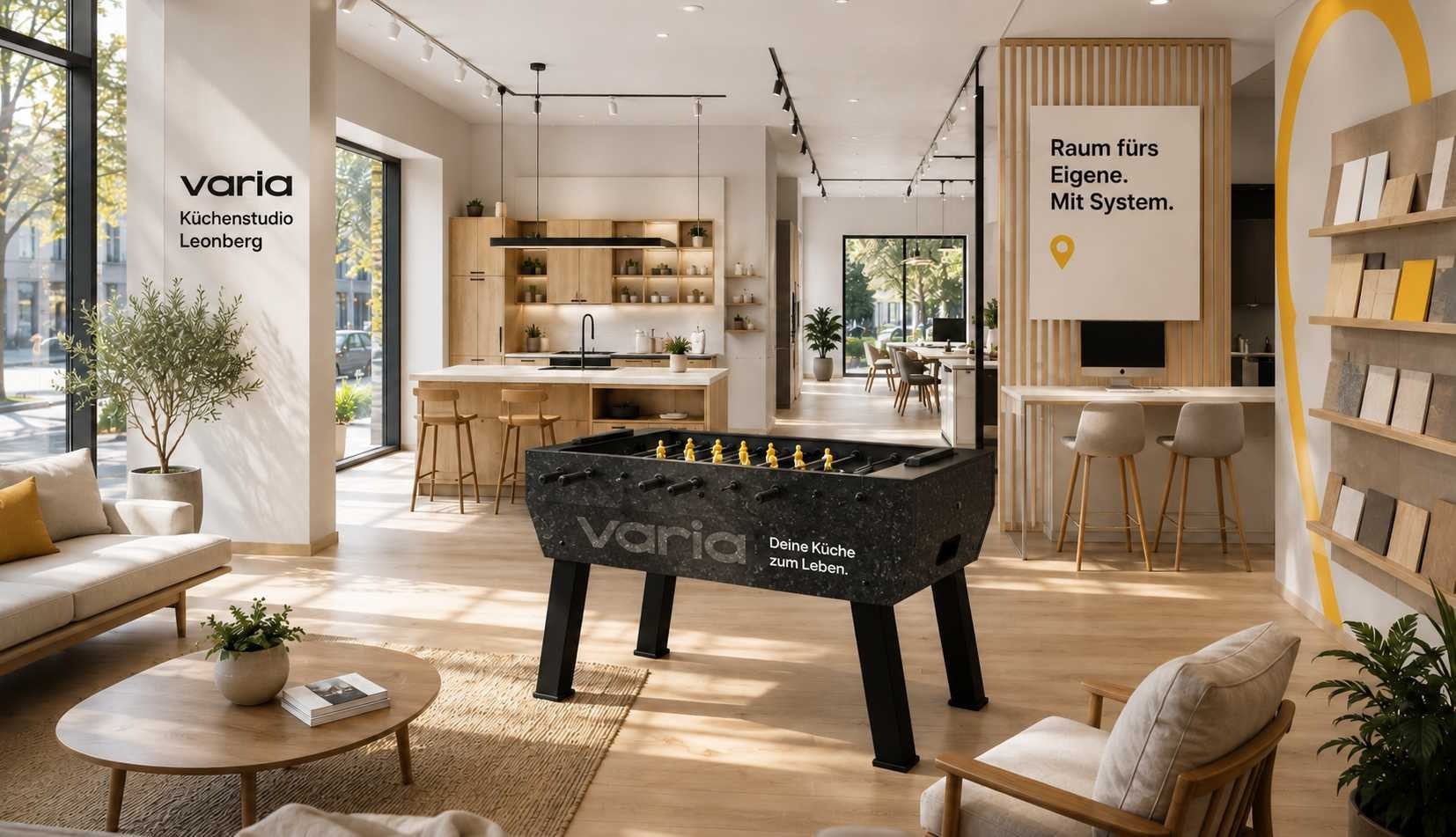 Visualisierung eines varia Küchenstudios: Kochinsel, Beratungsplatz, Musterwand und ein Kicker mit varia-Branding