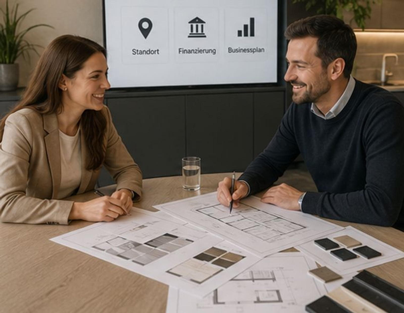 Gemeinsame Planung am Tisch mit Grundriss — Businessplan fürs Küchenstudio